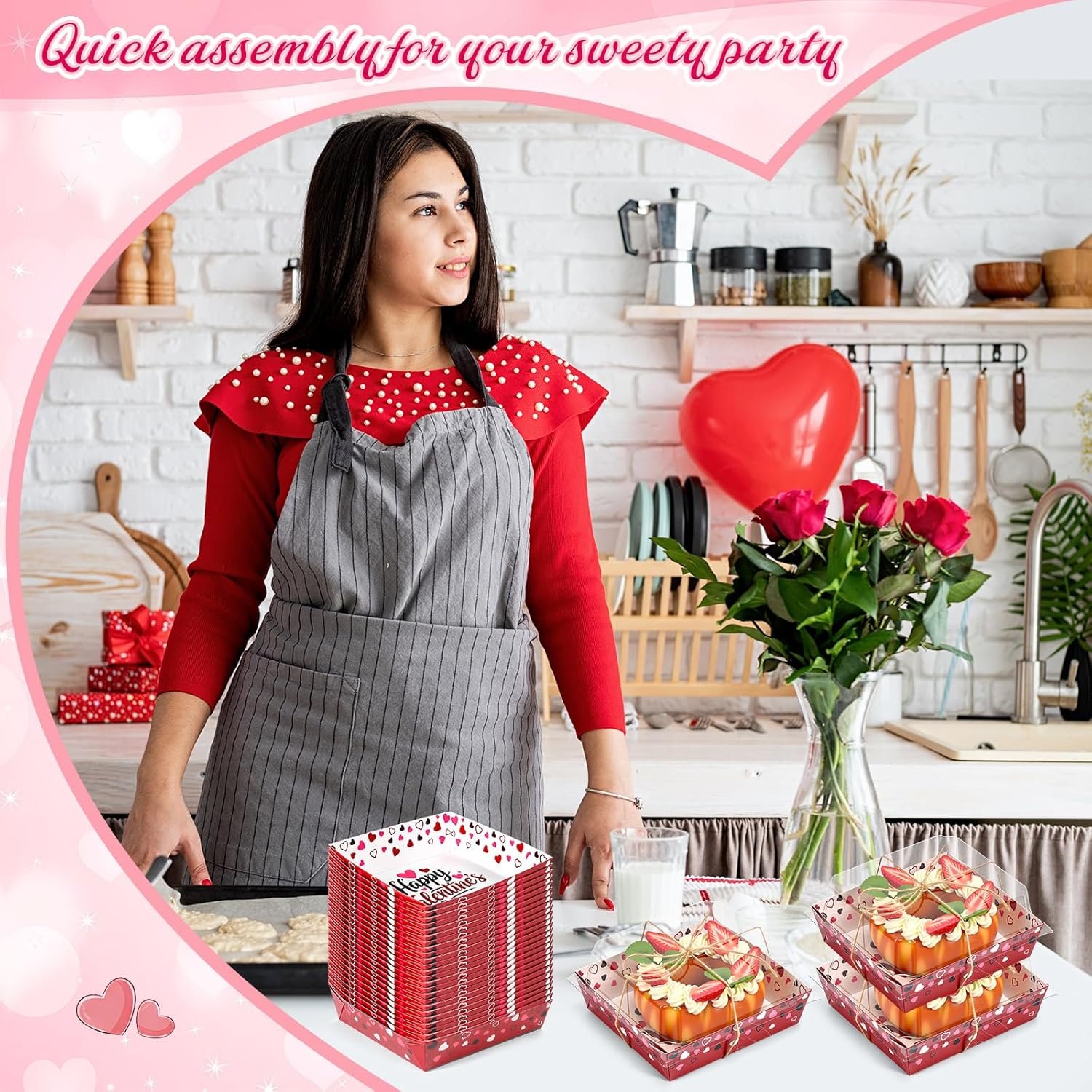 Wholesale 50-Pack 5 Inch Red Pink Heart Valentine's Day Charcuterie Boxes Clear Lids Rope Square Disposable Paper Dessert Containers Sweets Cookies Bakery Gifts Factory
