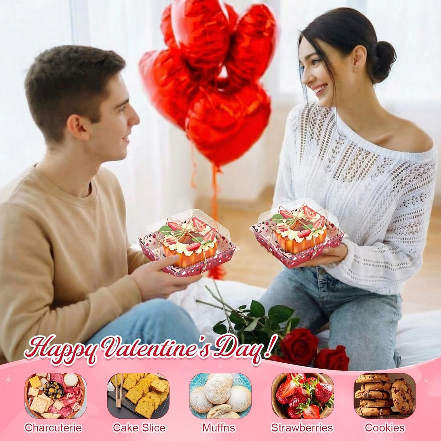 Wholesale 50-Pack 5 Inch Red Pink Heart Valentine's Day Charcuterie Boxes Clear Lids Rope Square Disposable Paper Dessert Containers Sweets Cookies Bakery Gifts Factory