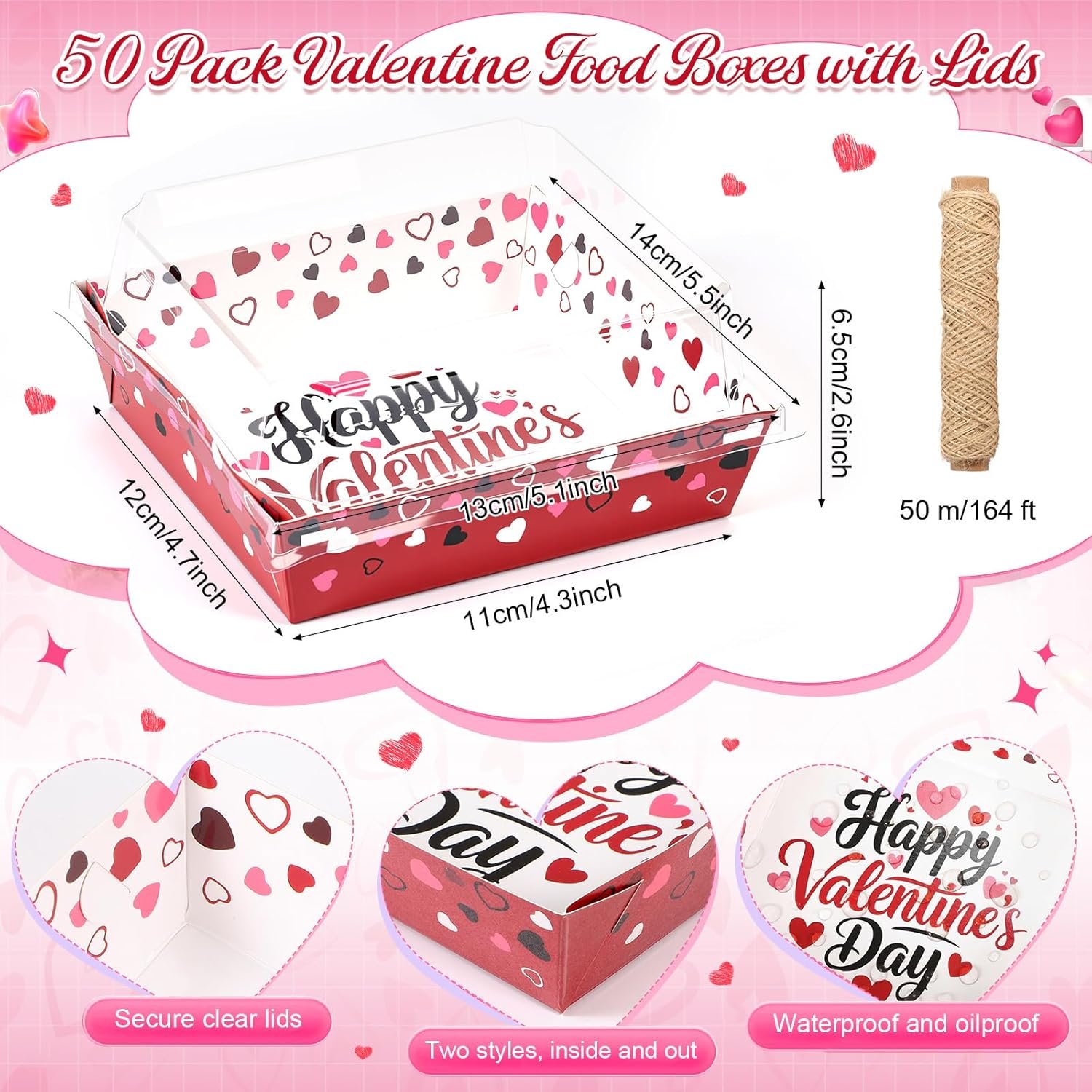 Wholesale 50-Pack 5 Inch Red Pink Heart Valentine's Day Charcuterie Boxes Clear Lids Rope Square Disposable Paper Dessert Containers Sweets Cookies Bakery Gifts Factory