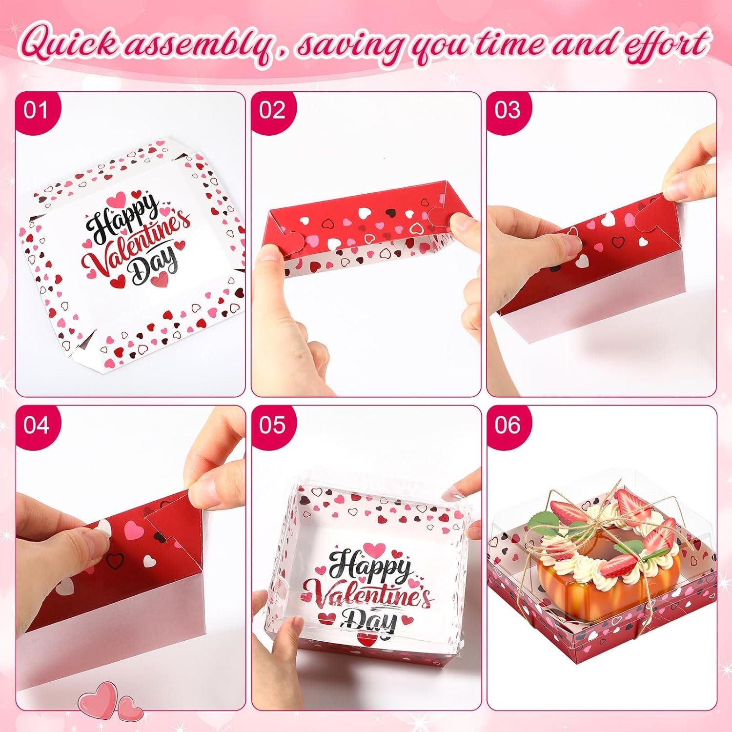 Wholesale 50-Pack 5 Inch Red Pink Heart Valentine's Day Charcuterie Boxes Clear Lids Rope Square Disposable Paper Dessert Containers Sweets Cookies Bakery Gifts Factory