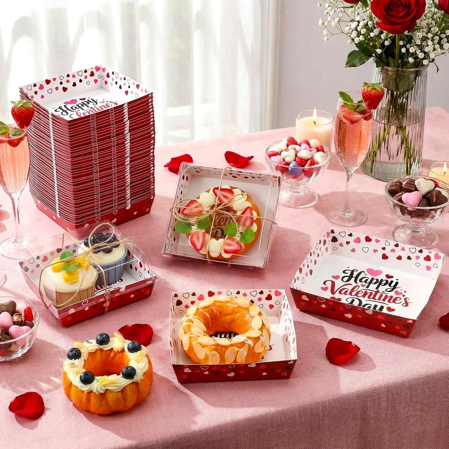Wholesale 50-Pack 5 Inch Red Pink Heart Valentine's Day Charcuterie Boxes Clear Lids Rope Square Disposable Paper Dessert Containers Sweets Cookies Bakery Gifts Factory