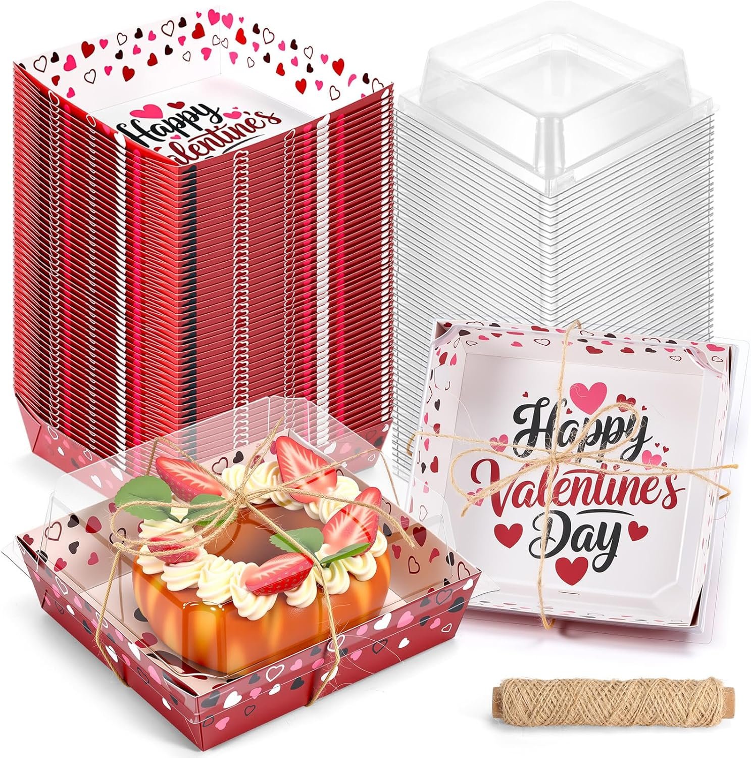 Remerry 50 Set Valentine's Day Charcuterie Boxes with Clear Lids and Rope 5 Inch Red Pink Heart Dessert Boxes Square Disposable Paper Food Containers for Valentine Sweets Cookies Bakery Gift Packaging