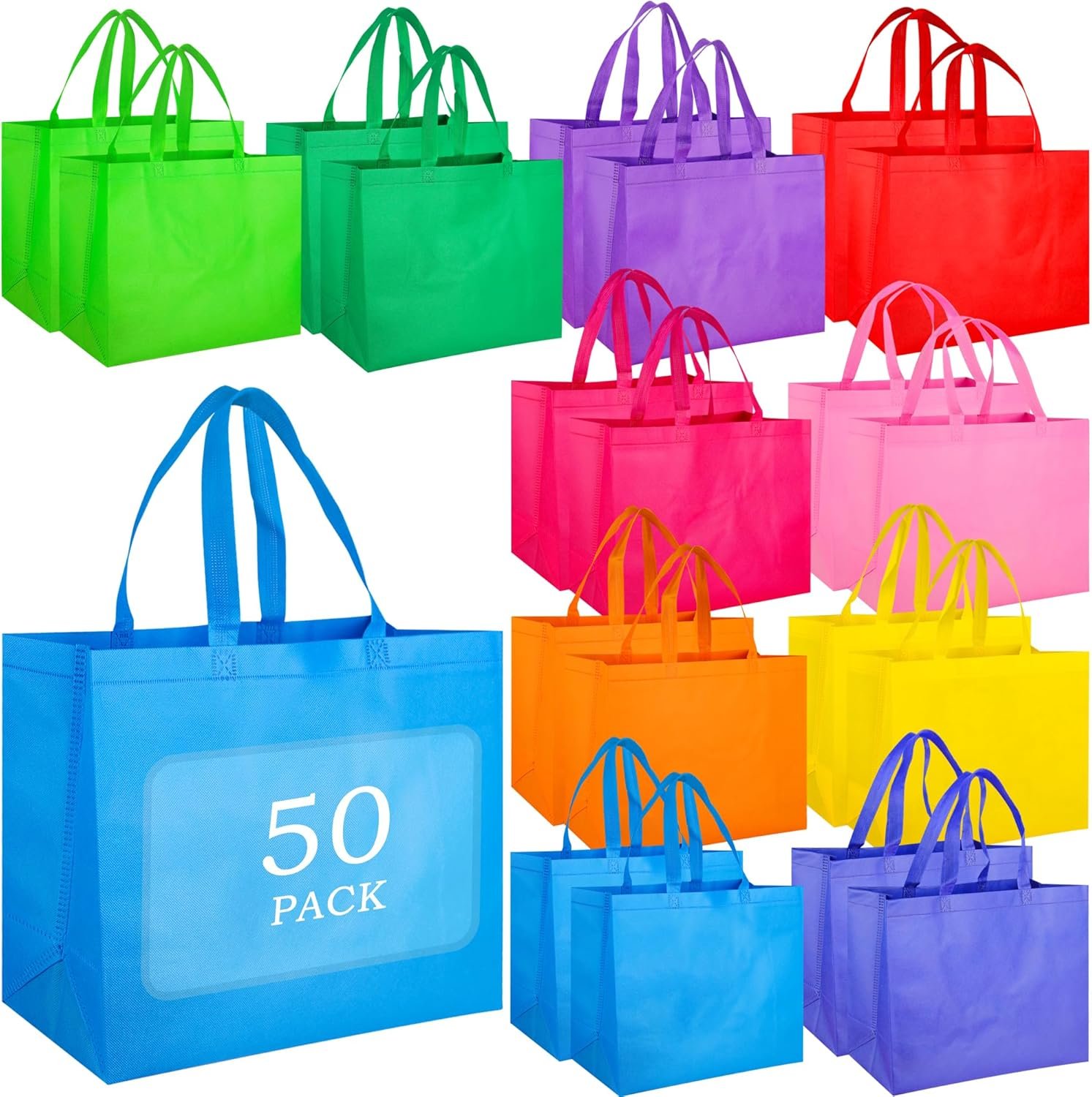 BLEWINDZ 50 Pcs Large Gift Bags with Handles Bulk - 16 x 6 x 12 Inch Reusable Grocery Shopping Bags - Non-Woven Tote Grocery Bag, Party Favor Bag (10 Colors)