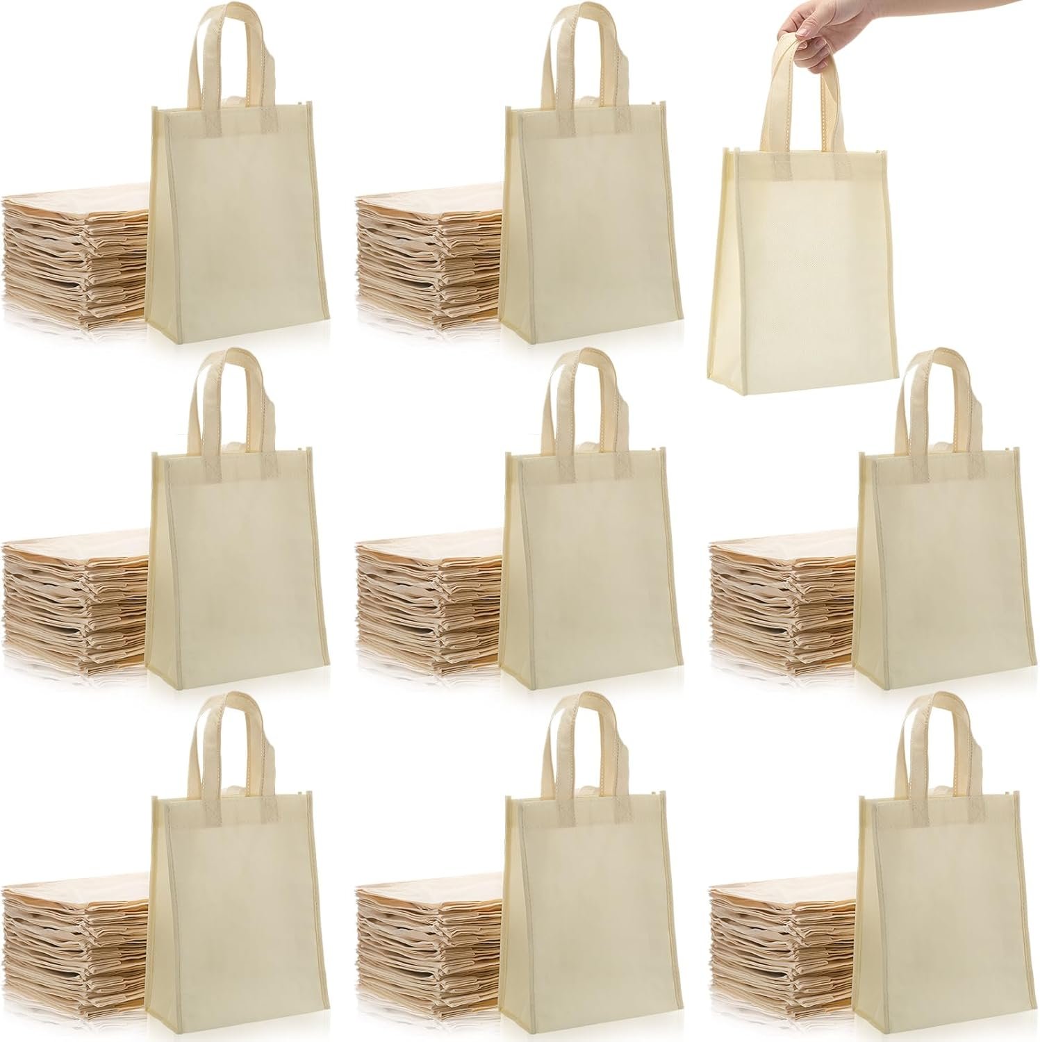 Jexine 100 Pcs Non Woven Bags Reusable Gift Bag with Handles Shopping Tote Grocery Goodie Party Treat Bags Favors(Beige)