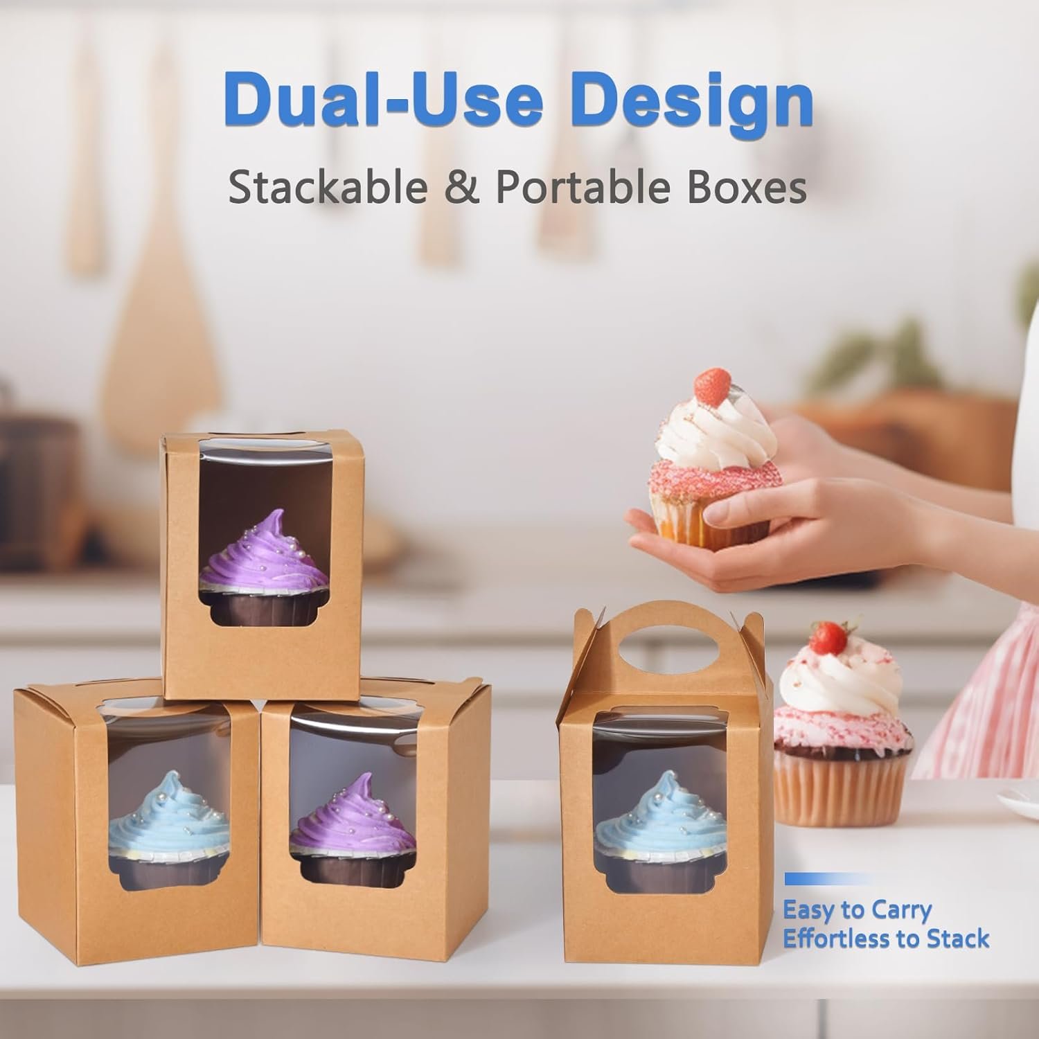 Wholesale 50 Individual Cupcake Boxes Brown Window Handle Containers Disposable Pastry Holders Bakery Party Packaging Factory