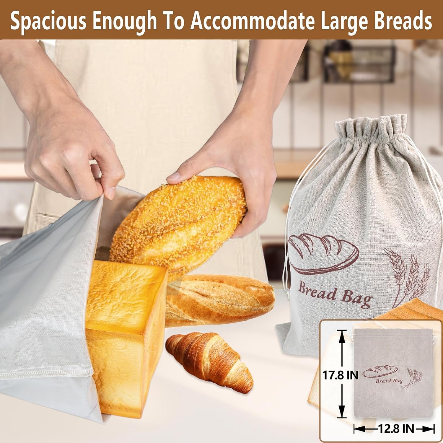 OEM 3-Pack Large 17x13 Inch Linen Bread Bags with Inner Lining for Sourdough Homemade Bread Reusable Fresh-Keeping Storage manufacturer