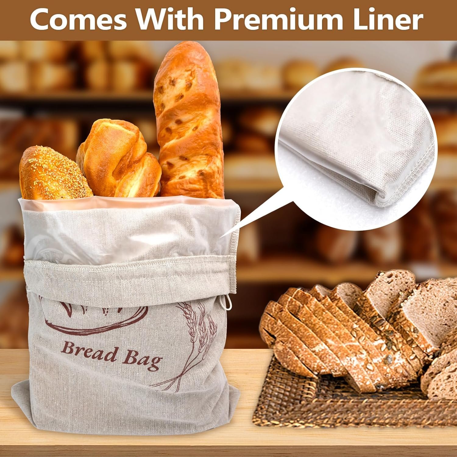 OEM 3-Pack Large 17x13 Inch Linen Bread Bags with Inner Lining for Sourdough Homemade Bread Reusable Fresh-Keeping Storage manufacturer