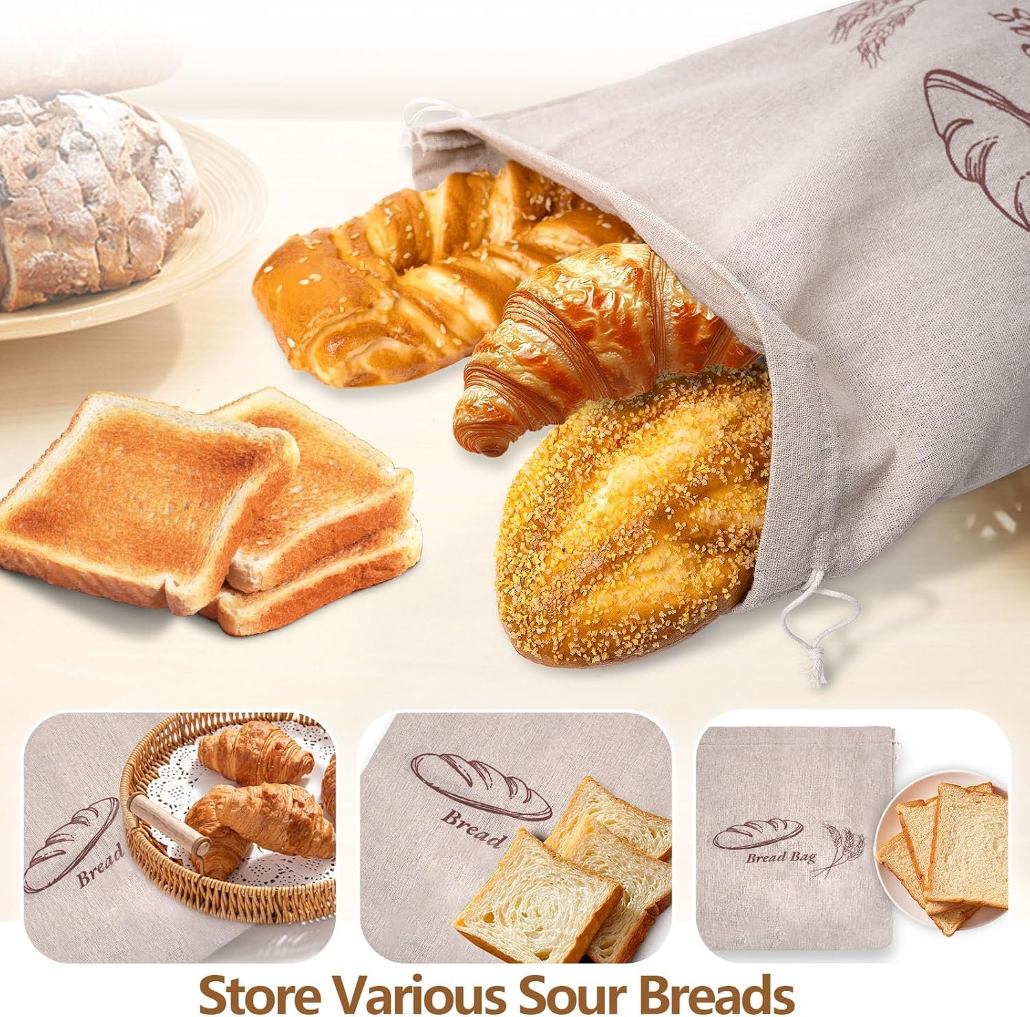 OEM 3-Pack Large 17x13 Inch Linen Bread Bags with Inner Lining for Sourdough Homemade Bread Reusable Fresh-Keeping Storage manufacturer