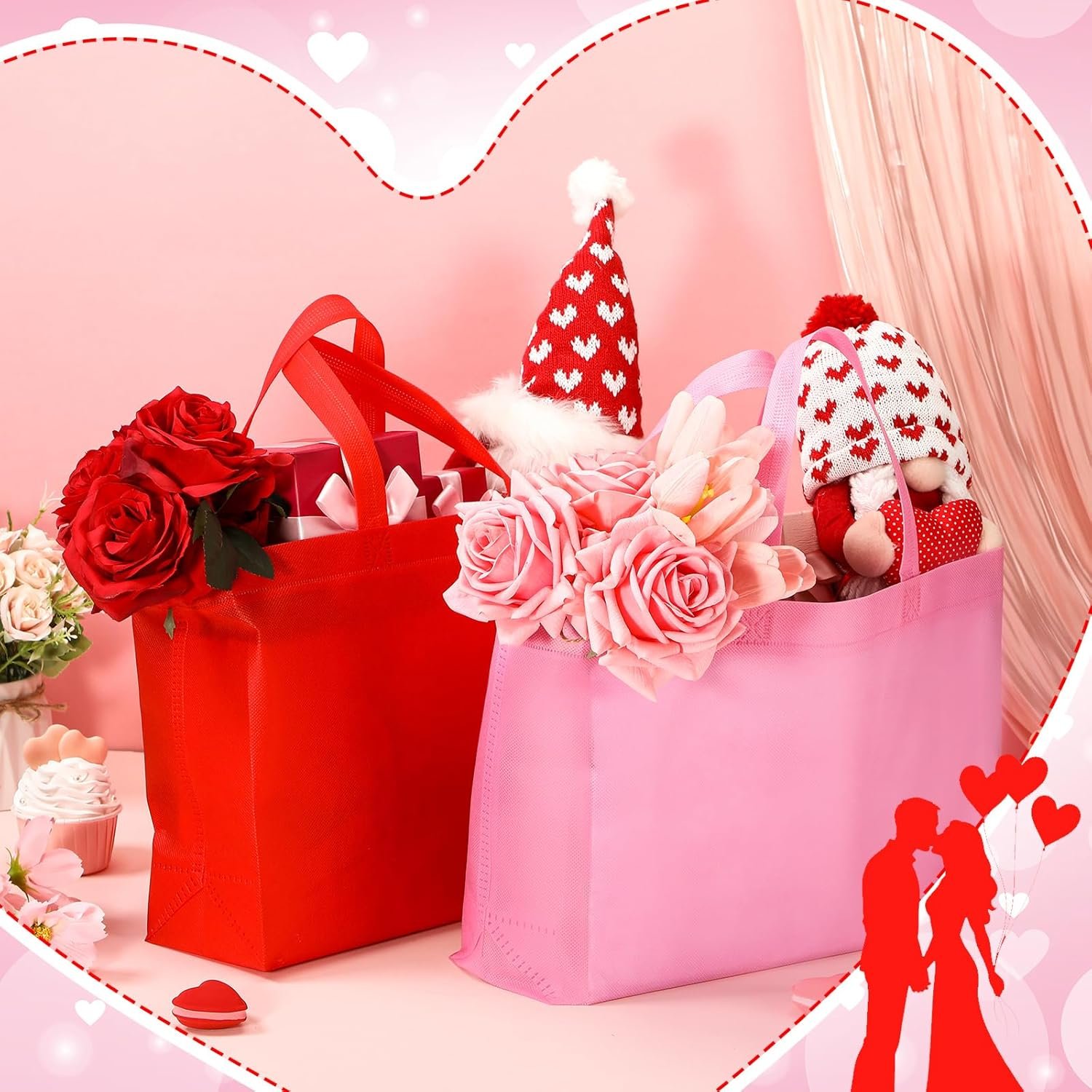 Wholesale 50 Pcs Large Pink Red Non-Woven Reusable Tote Gift Bags with Handles for Valentine's Day Birthday Party Holiday Favors Factory