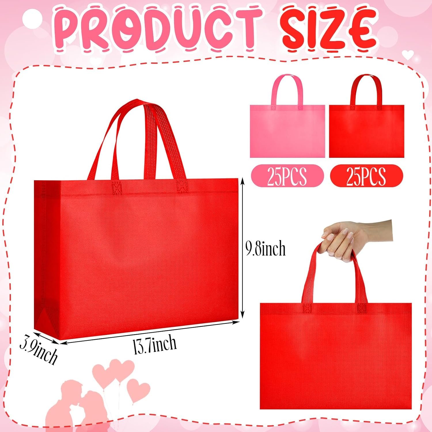 Wholesale 50 Pcs Large Pink Red Non-Woven Reusable Tote Gift Bags with Handles for Valentine's Day Birthday Party Holiday Favors Factory