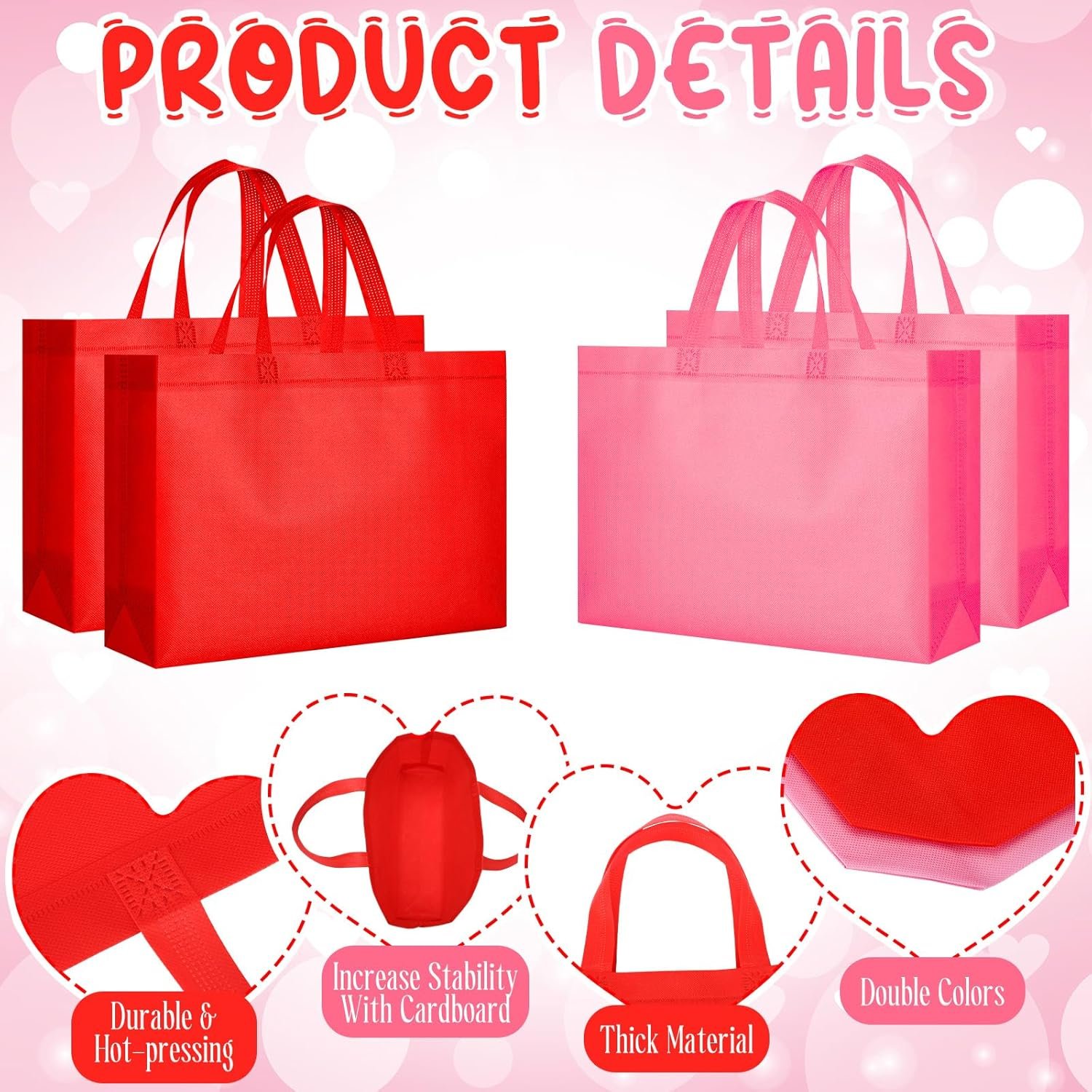 Wholesale 50 Pcs Large Pink Red Non-Woven Reusable Tote Gift Bags with Handles for Valentine's Day Birthday Party Holiday Favors Factory