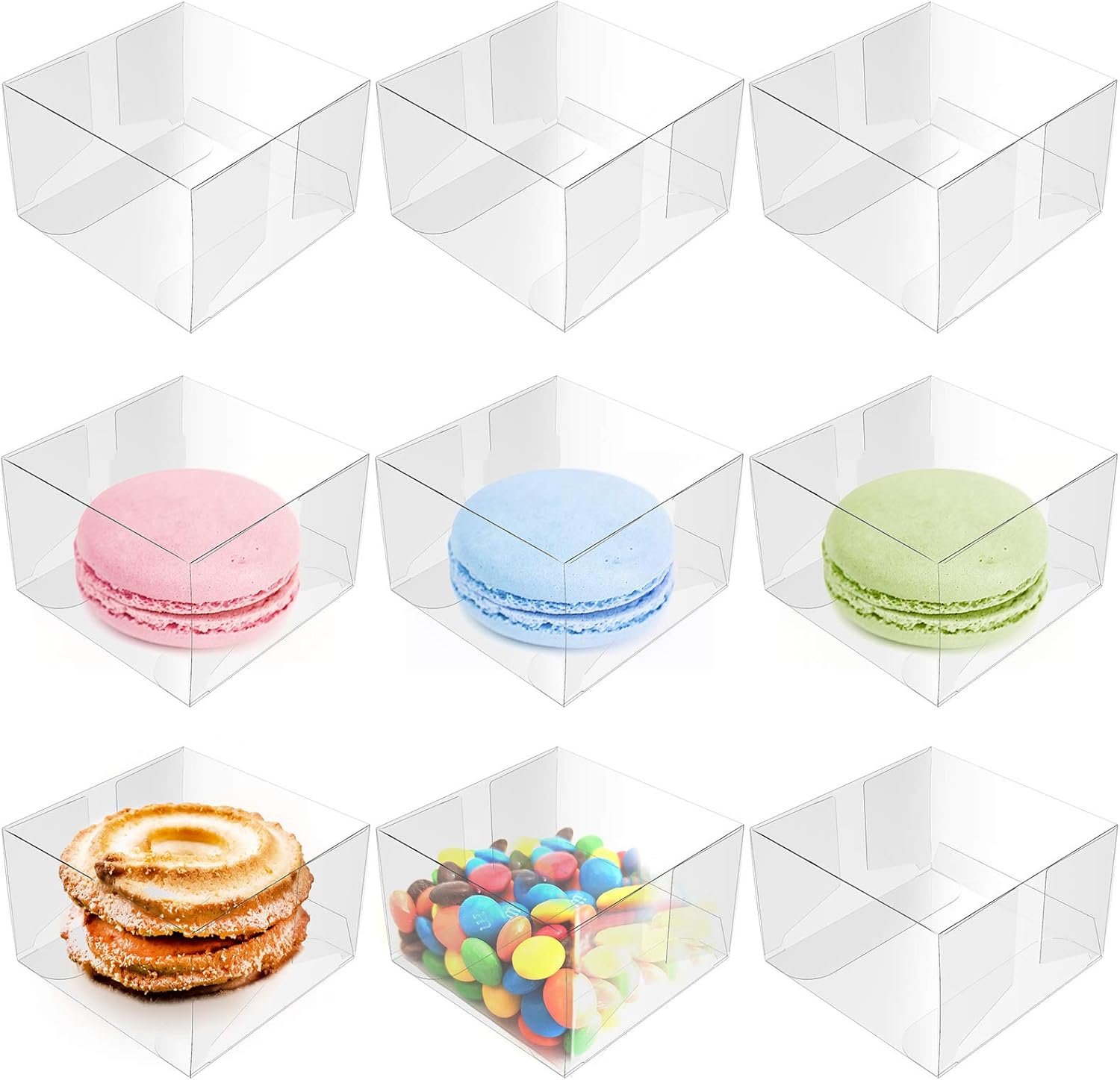 Nicunom 100 Pack Clear Macaron Boxes, Plastic Favor Boxes, 2.17" x 2.17" x 1.38" Bakery Boxes Candy Containers for Chocolate Cake Desserts Cupcakes Cookies Muffins Party Favors Packaging