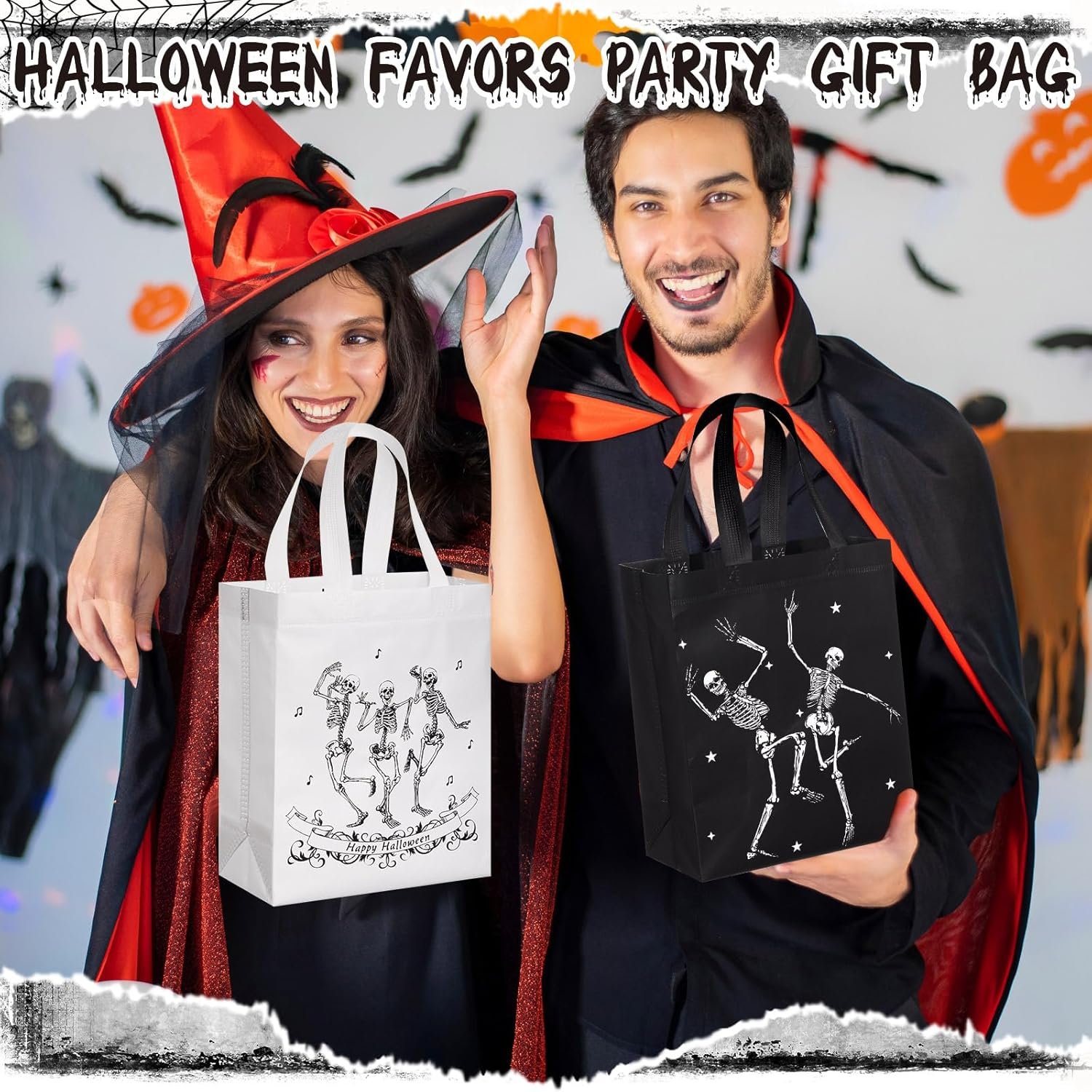 Wholesale 48 Pcs Reusable Halloween Skeleton Skull Gift Bags Party Favors Non Woven Black White Tote Bags with Handles Hippie Dancing for Birthday Factory