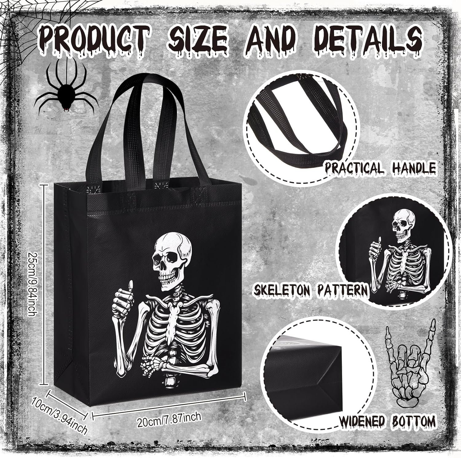 Wholesale 48 Pcs Reusable Halloween Skeleton Skull Gift Bags Party Favors Non Woven Black White Tote Bags with Handles Hippie Dancing for Birthday Factory