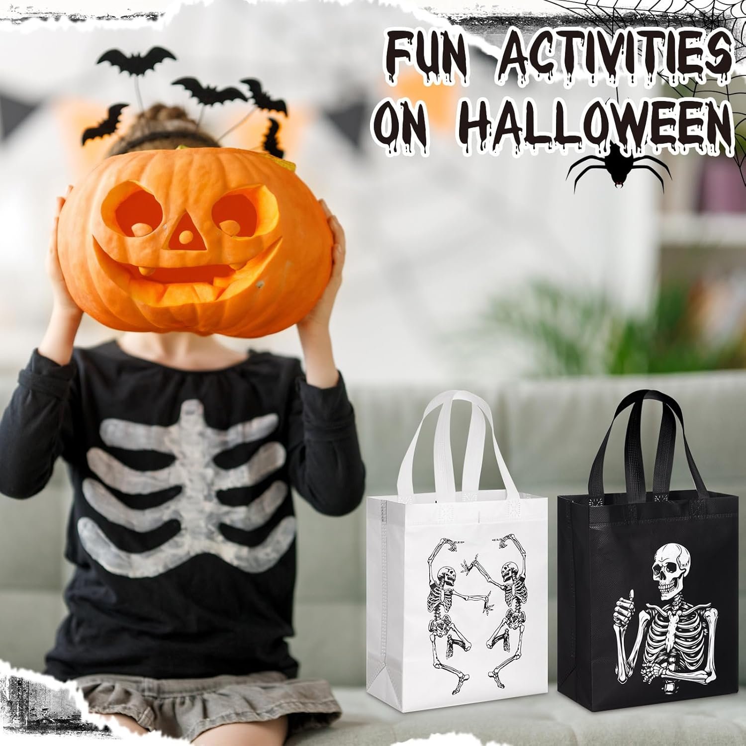 Wholesale 48 Pcs Reusable Halloween Skeleton Skull Gift Bags Party Favors Non Woven Black White Tote Bags with Handles Hippie Dancing for Birthday Factory