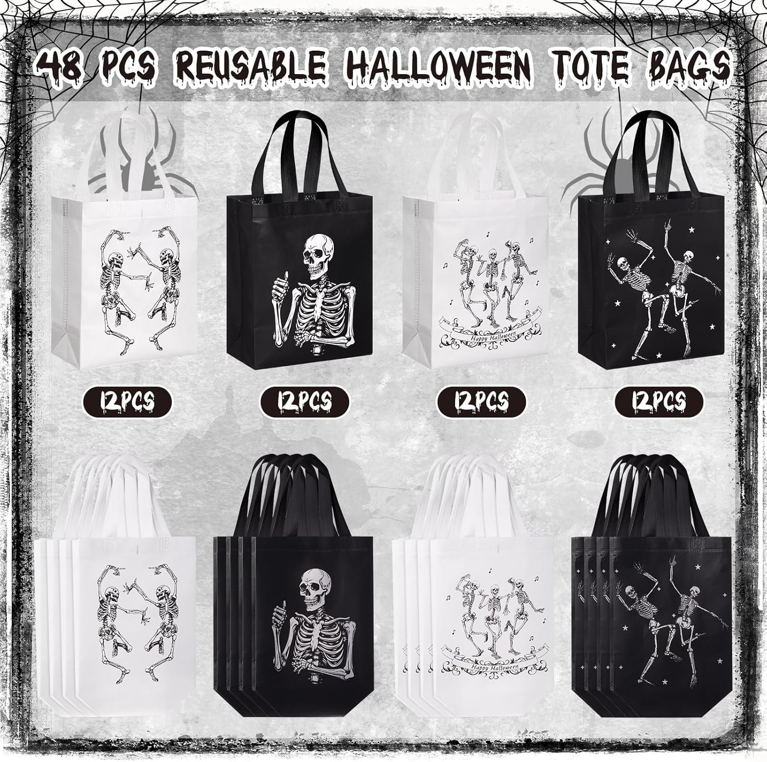 Wholesale 48 Pcs Reusable Halloween Skeleton Skull Gift Bags Party Favors Non Woven Black White Tote Bags with Handles Hippie Dancing for Birthday Factory