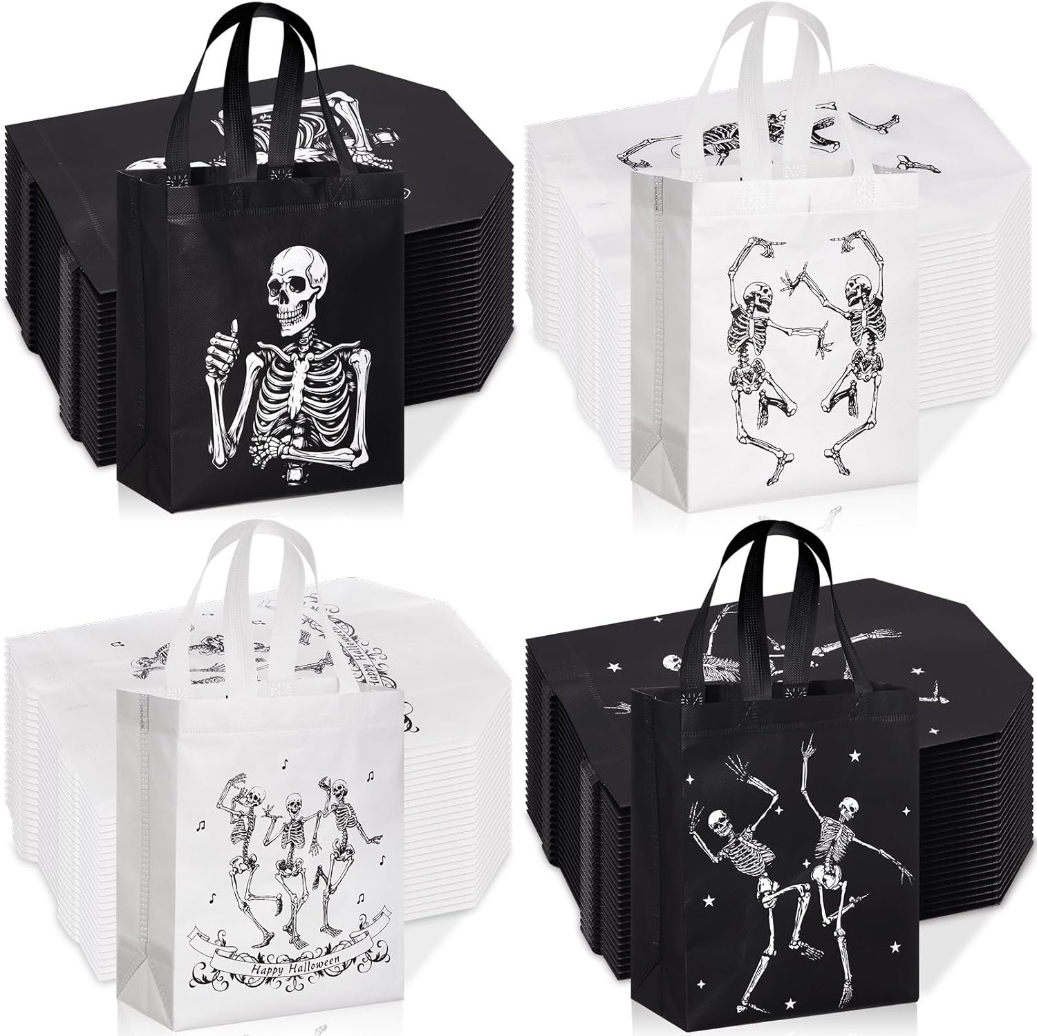 Wesnoy 48 Pcs Halloween Skeleton Gift Bags Party Favors Reusable Black White Non Woven Skull Goodie Candy Treat Tote Bags Bulk with Handles Hippie Dancing Skeleton for Birthday Party