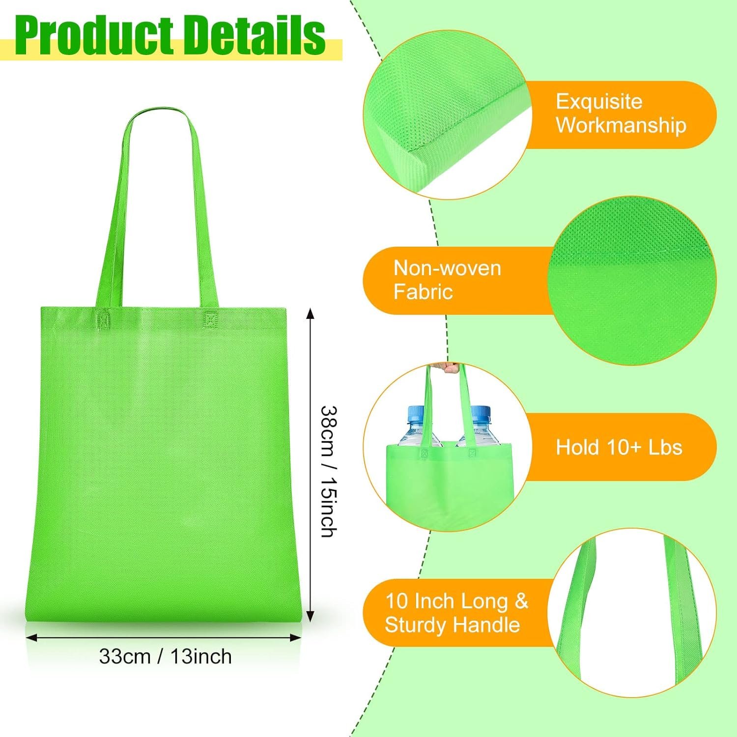 Wholesale 50 Pack 13 x 15 Inch Non Woven Bags with Handles Reusable Tote Grocery Shopping Gift Party Bags Bright Color Factory