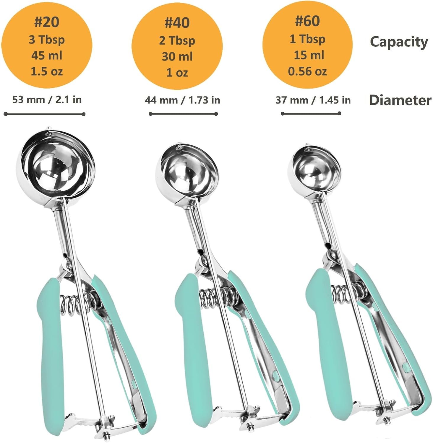 OEM 3-Pc 18/8 Stainless Steel Cookie Scoop Set with Trigger Release Mint Soft Grip for Ice Cream Dough Baking Factory