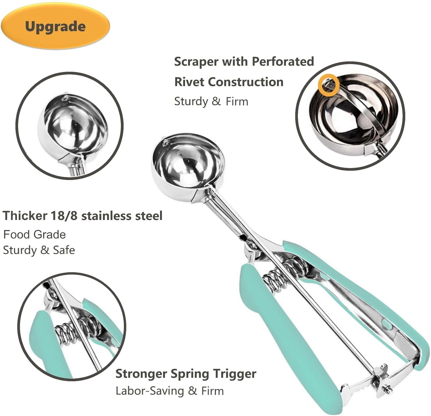 OEM 3-Pc 18/8 Stainless Steel Cookie Scoop Set with Trigger Release Mint Soft Grip for Ice Cream Dough Baking Factory