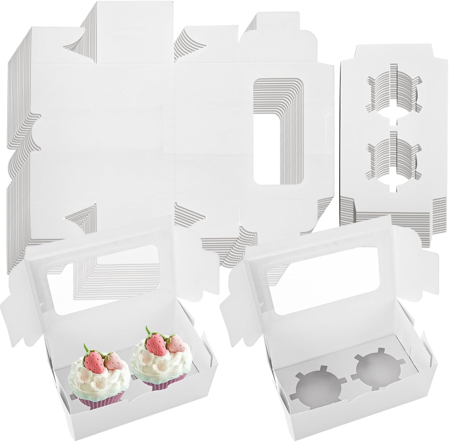 100 Set White Cupcake Boxes 2 Cupcake Holder with Lid To Go Cupcake Containers Reusable Cardboard Cupcake Boxes Bulk with Clear Window Cupcake Carrier for Cup Cake Packaging Transport Storage