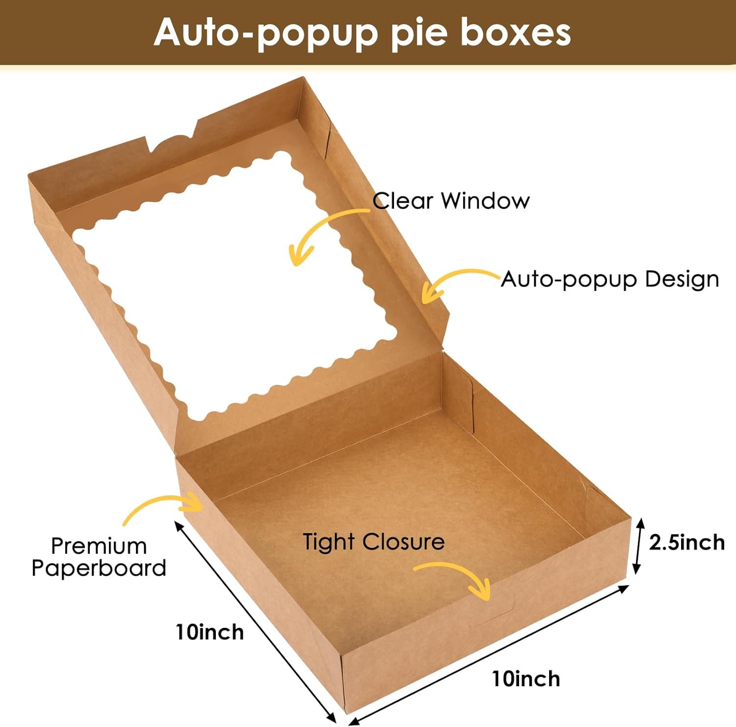 Wholesale 5pcs 10x10x2.5 Inch Auto-Popup Brown Bakery Boxes with Window for Pies Desserts Donuts Muffins Factory