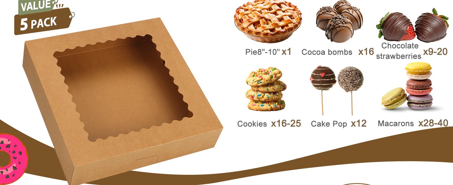 Wholesale 5pcs 10x10x2.5 Inch Auto-Popup Brown Bakery Boxes with Window for Pies Desserts Donuts Muffins Factory