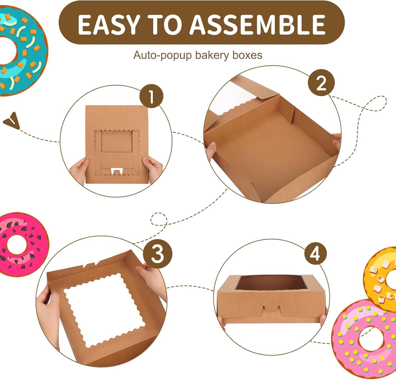 Wholesale 5pcs 10x10x2.5 Inch Auto-Popup Brown Bakery Boxes with Window for Pies Desserts Donuts Muffins Factory