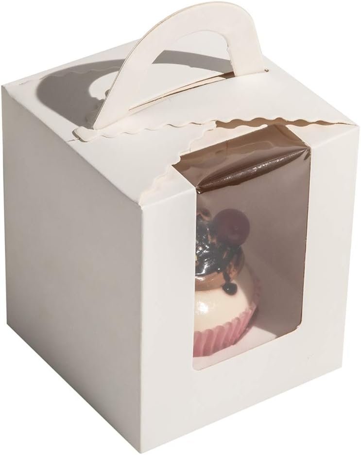 Wholesale 25 Pcs Single White Cupcake Containers with Window Insert Handles for Wedding Candy Gift Boxes (25P-Handle-White) Factory