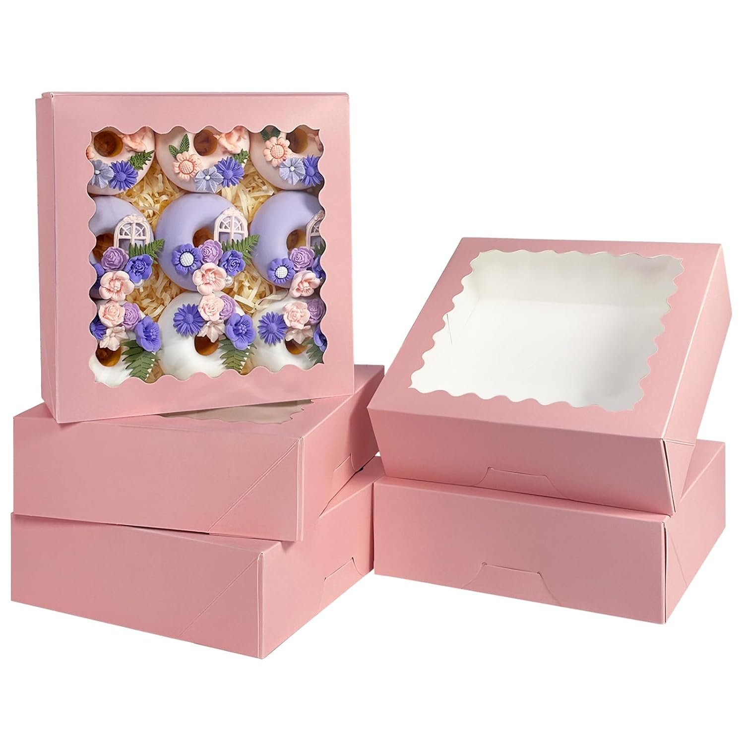 Bakepacker 36pcs Pink Pie Boxes 9x9x2.5 inches Easy Assemble Macaroon Cookie Boxes Bakery Boxes with Window for Bakery (Auto-pop Up)