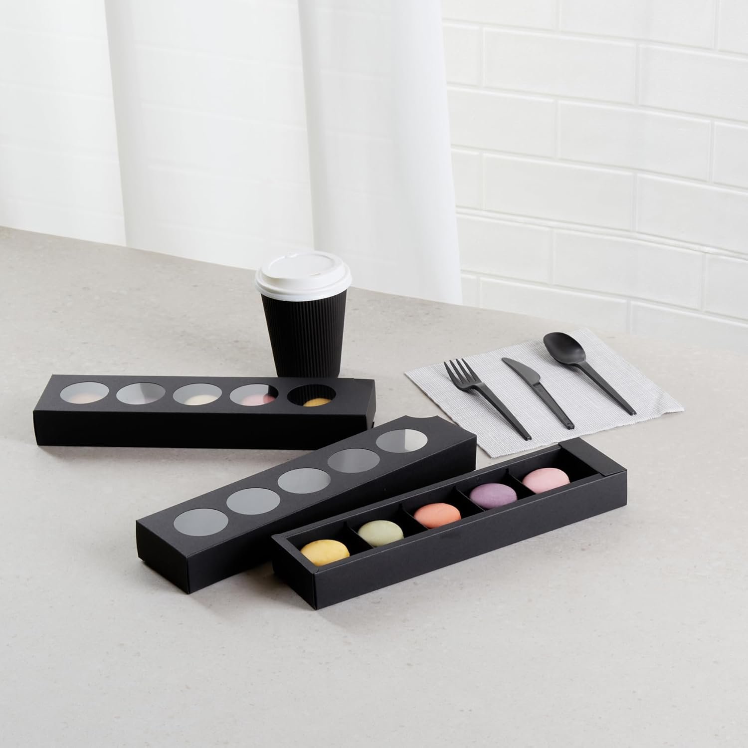 Wholesale 12 Inch Macaron Boxes 100 Pack Holds 5 with Lids Black Paper Gift Packaging Separate Compartments for Gifts Parties Factory