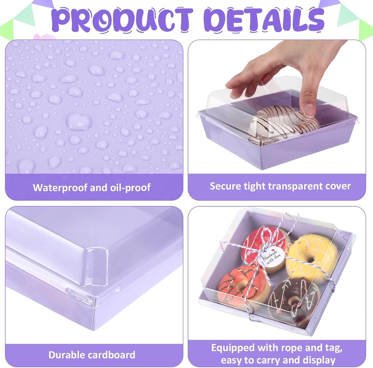 Wholesale 100 Pack 5.7 x 5.1 Inch Charcuterie Boxes with Clear Lids Purple Classic Paper Food Containers for Desserts Sandwiches Cake Bakery Takeout Valentine's Day Gift Tags Rope Factory
