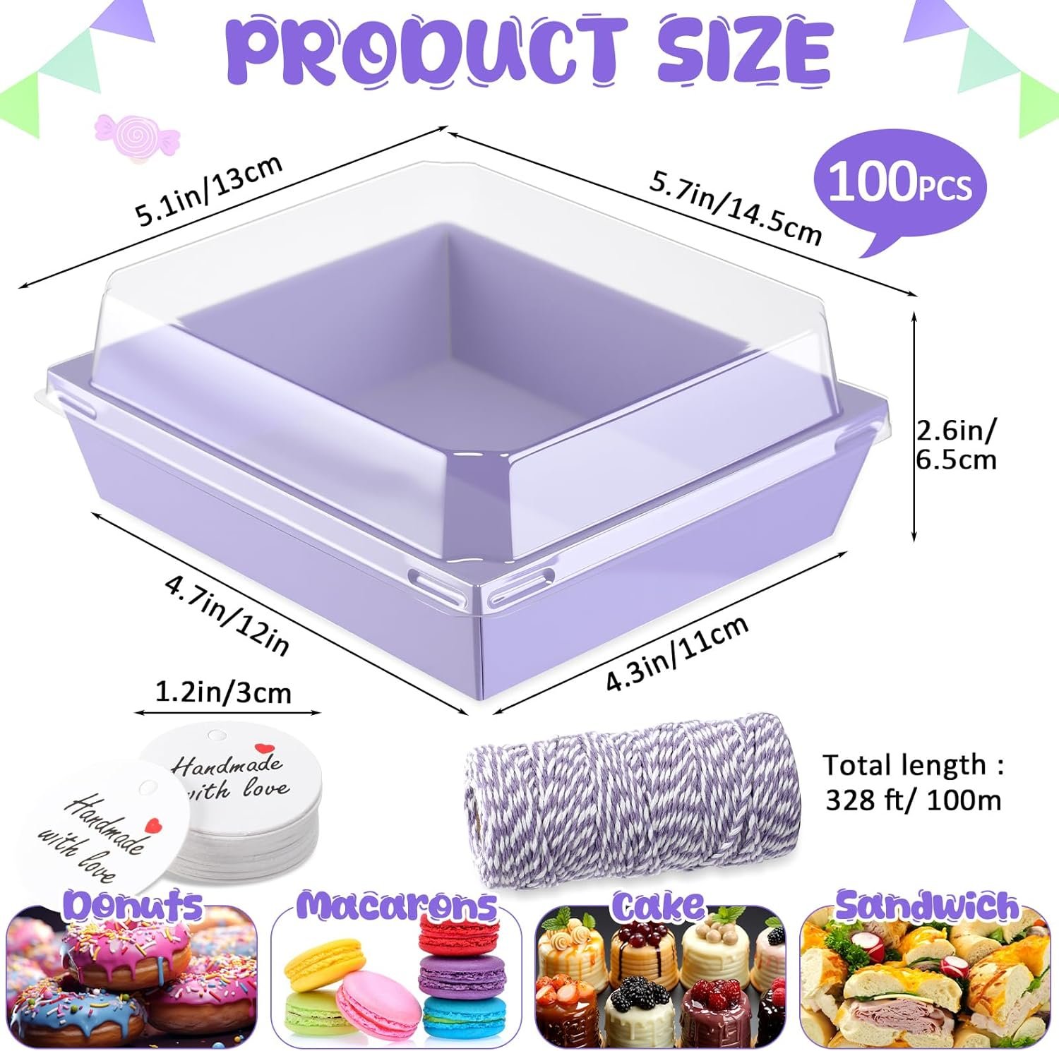 Wholesale 100 Pack 5.7 x 5.1 Inch Charcuterie Boxes with Clear Lids Purple Classic Paper Food Containers for Desserts Sandwiches Cake Bakery Takeout Valentine's Day Gift Tags Rope Factory