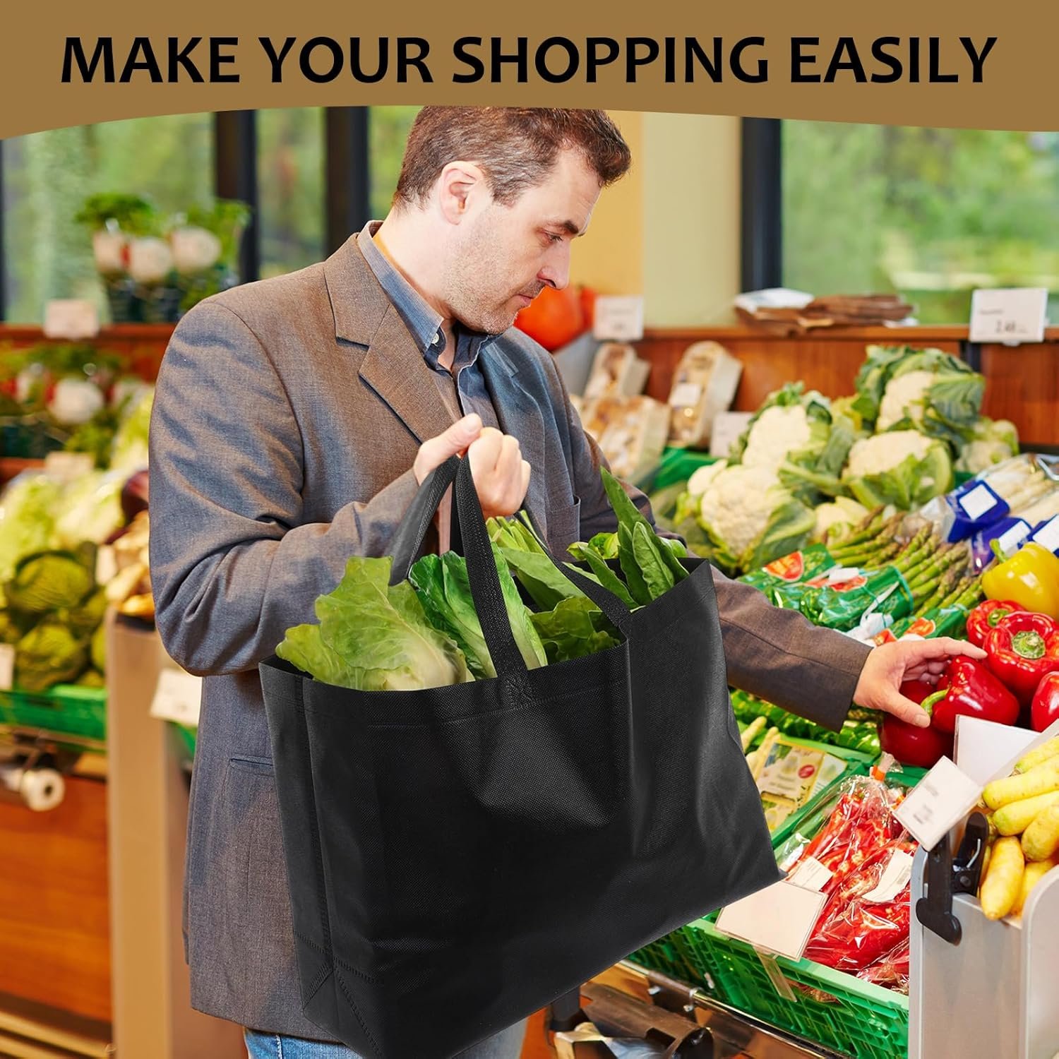 Wholesale 50 Pcs Extra Large Reusable Non-Woven Tote Bags with Handles for Grocery Shopping Boutiques Retail Stores Black Factory Wholesale 50 Pcs Extra Large Reusable Non-Woven Tote Bags with Handles for Grocery Shopping Boutiques Retail Stores Black Factory