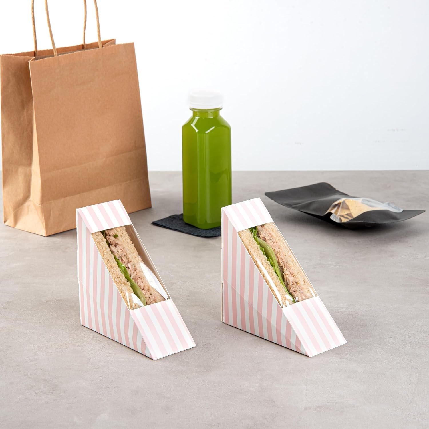 Wholesale 4.8 x 2 Inch Small Sandwich Wedge Paper Boxes with Window - 200 Disposable Pink White Striped Triangle Grease-Resistant Containers Factory