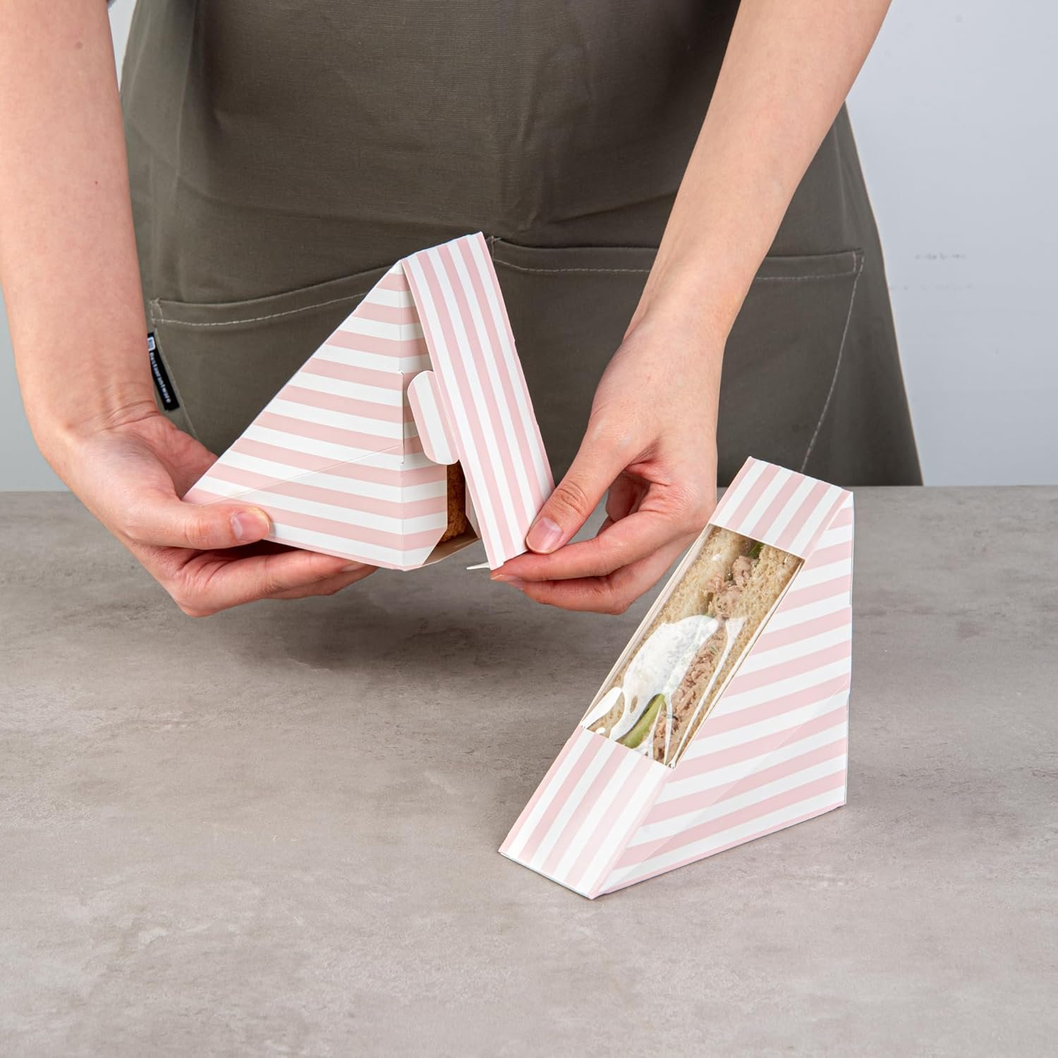 Wholesale 4.8 x 2 Inch Small Sandwich Wedge Paper Boxes with Window - 200 Disposable Pink White Striped Triangle Grease-Resistant Containers Factory