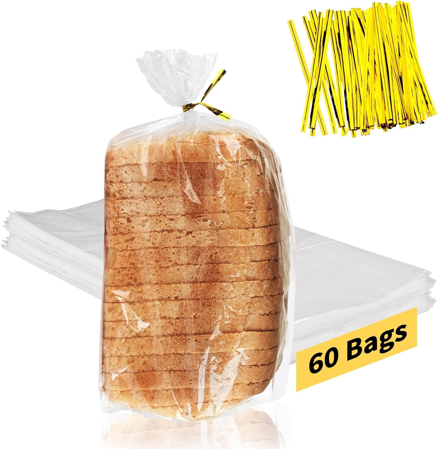 Bread Bags with Ties, 60 Clear Bread Bags for Homemade Bread and 100 Ties, Adjustable Reusable Plastic Bread Bags, Bread Loaf Bags for Home Bakers and Bakery Owners