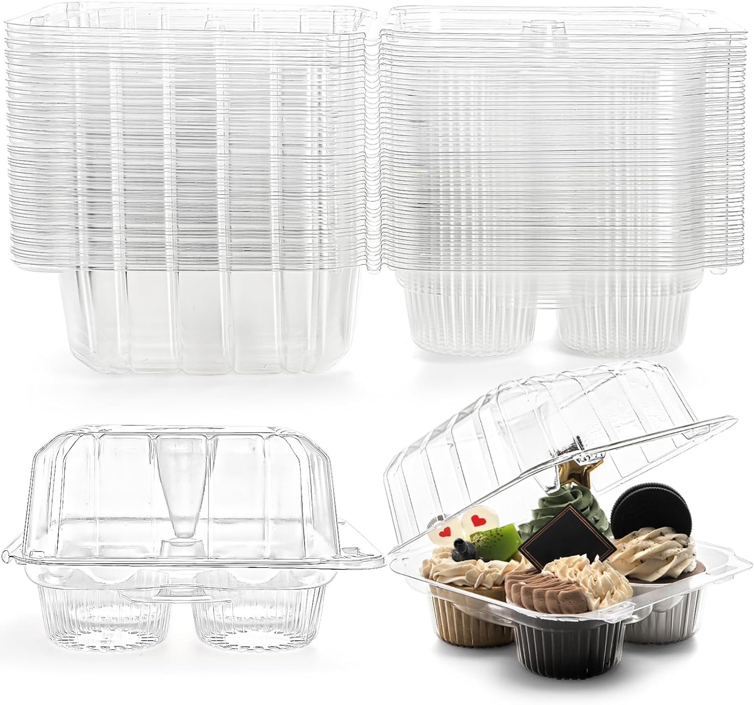 Coloch 50 Pack Clear Cupcake Box, 4 Cavity Plastic Cupcake Holder with Deep Dome Disposable 4-Compartment Dessert Container Bakery Carrying Box for Bakery, Cupcake