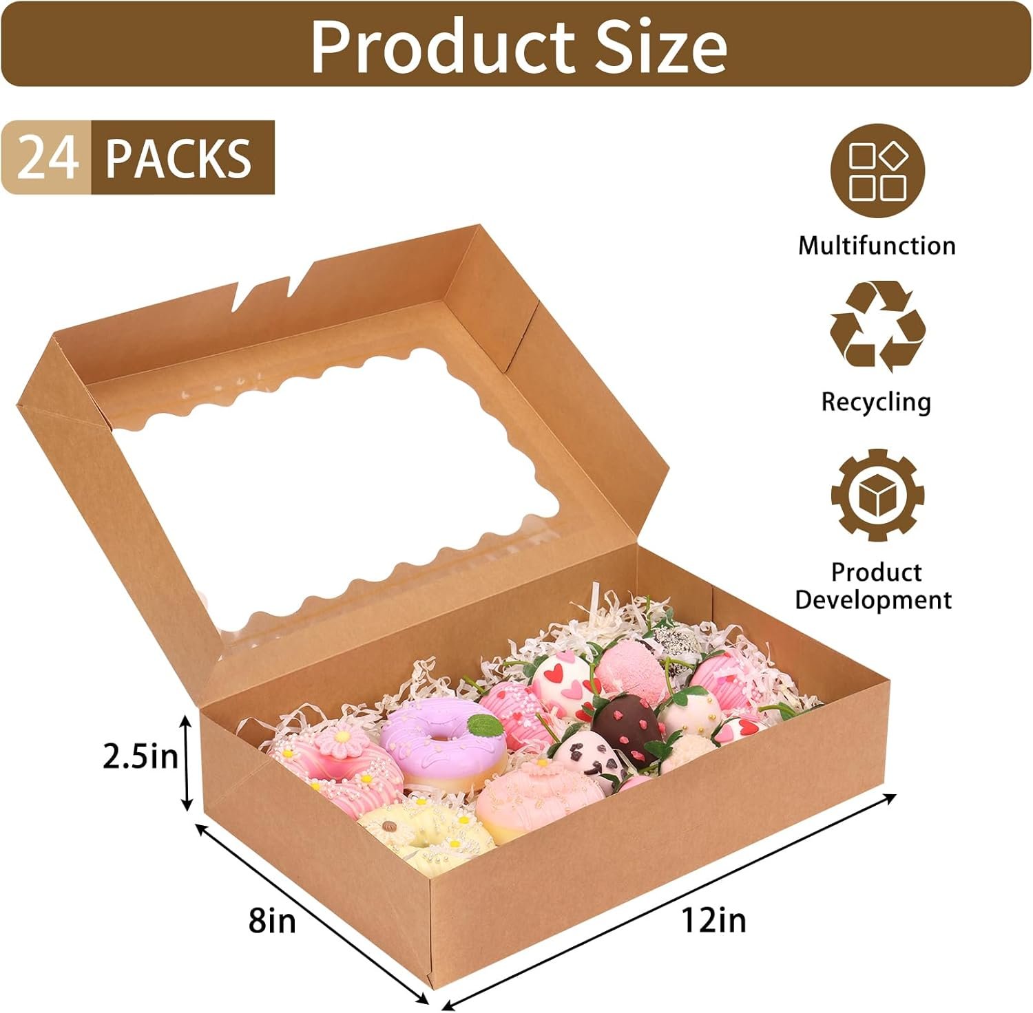 Wholesale 24pcs Window Bakery Boxes 12x8x2.5 Inches Auto-Popup for Cookies Muffins Pastries Brown Factory