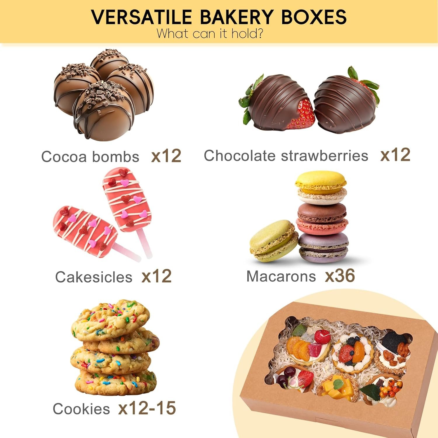 Wholesale 24pcs Window Bakery Boxes 12x8x2.5 Inches Auto-Popup for Cookies Muffins Pastries Brown Factory