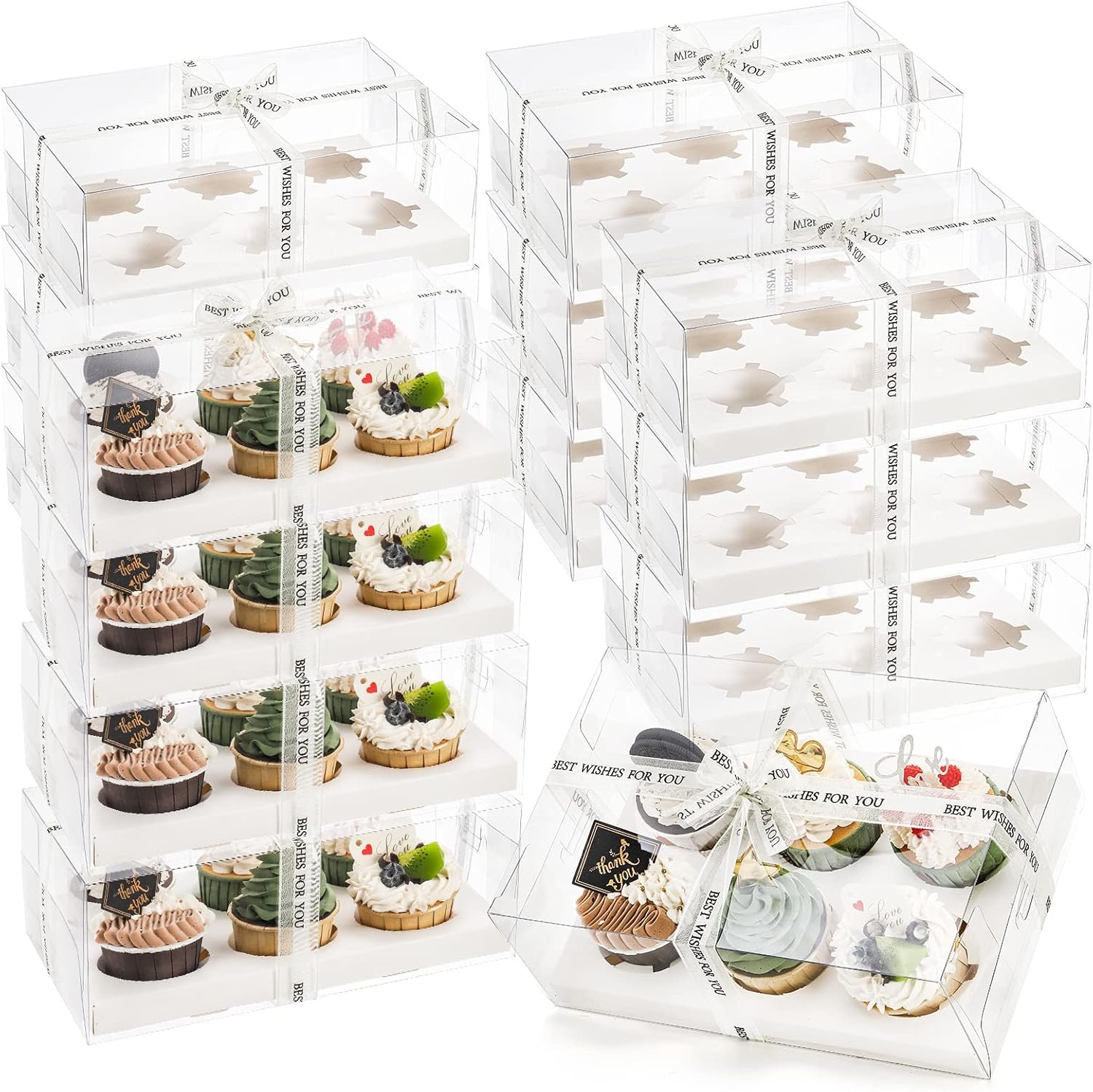 Cedilis 15 Pack Clear Cupcake Boxes, 6 Count Cupcake Containers with Gift Ribbon, Plastic Cupcake Carrier Holder for Treat Dessert Cookies Muffins Pastry Baby Shower Party