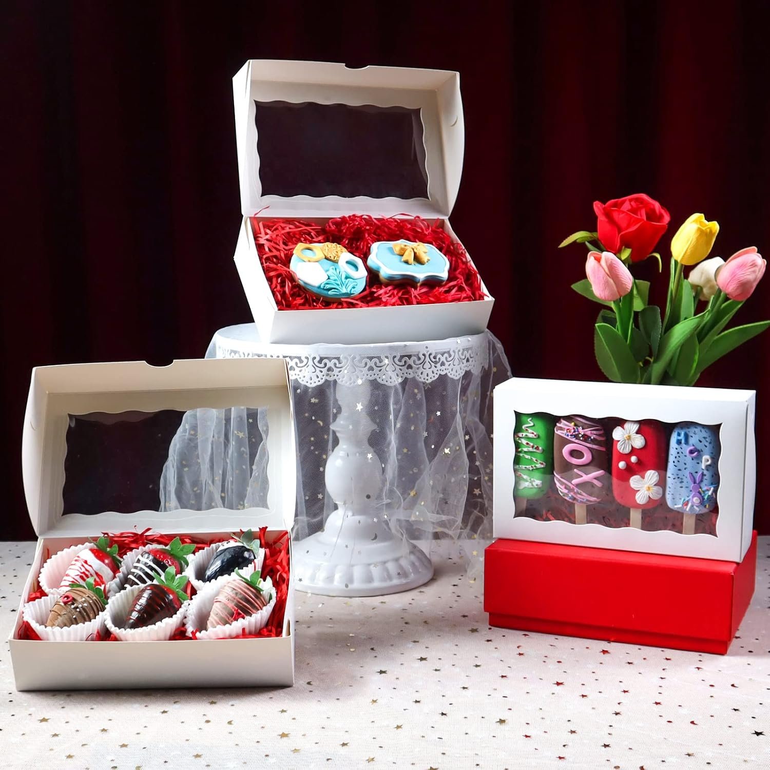 Wholesale 51PCS 8x5x2 Inch Bakery Boxes with Window for Cookies Chocolate Covered Strawberries Cakesicles Truffles Pretzels and Party Favors Factory