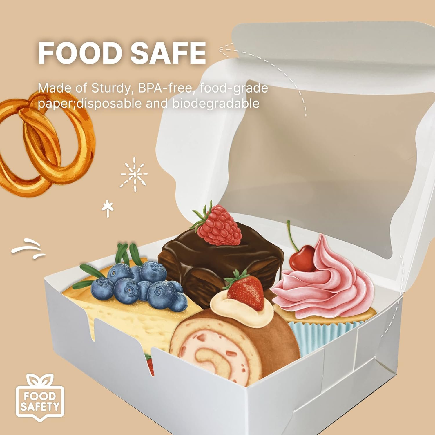 Wholesale White Paper Bakery Boxes 25-Pack Window Pastry Boxes for Cookies Macarons Muffins Chocolate Strawberries Disposable Dessert Packaging 8 x 6 x 2.5 Inches Factory