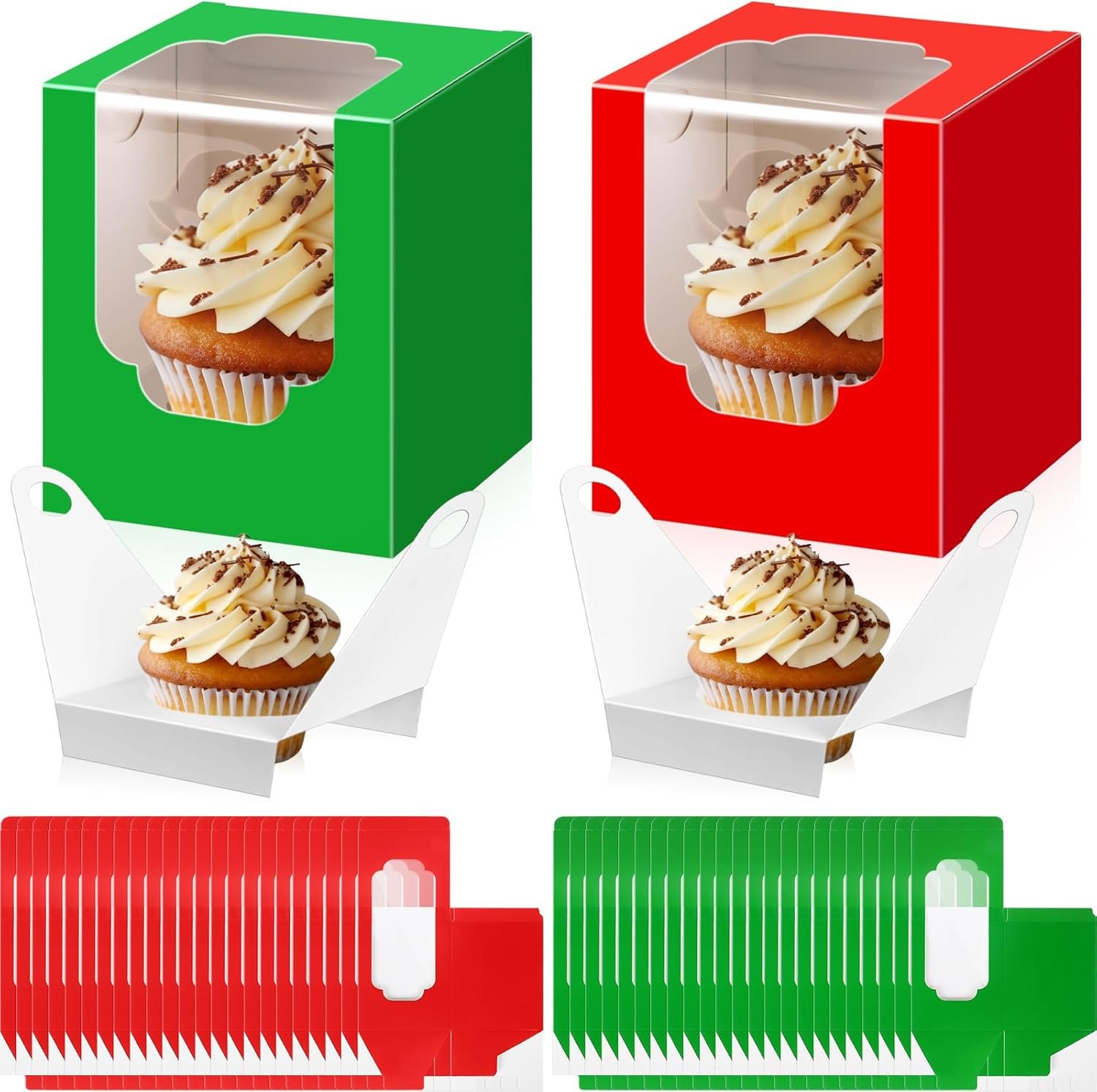 50 Pcs Christmas Cupcake Boxes Individual with Window Insert Red Green Cupcake Container Christmas Cookie Boxes Single Pastry Holders for Xmas Bakery Treat Gifts Box, 3.62 x 3.62 x 4.33