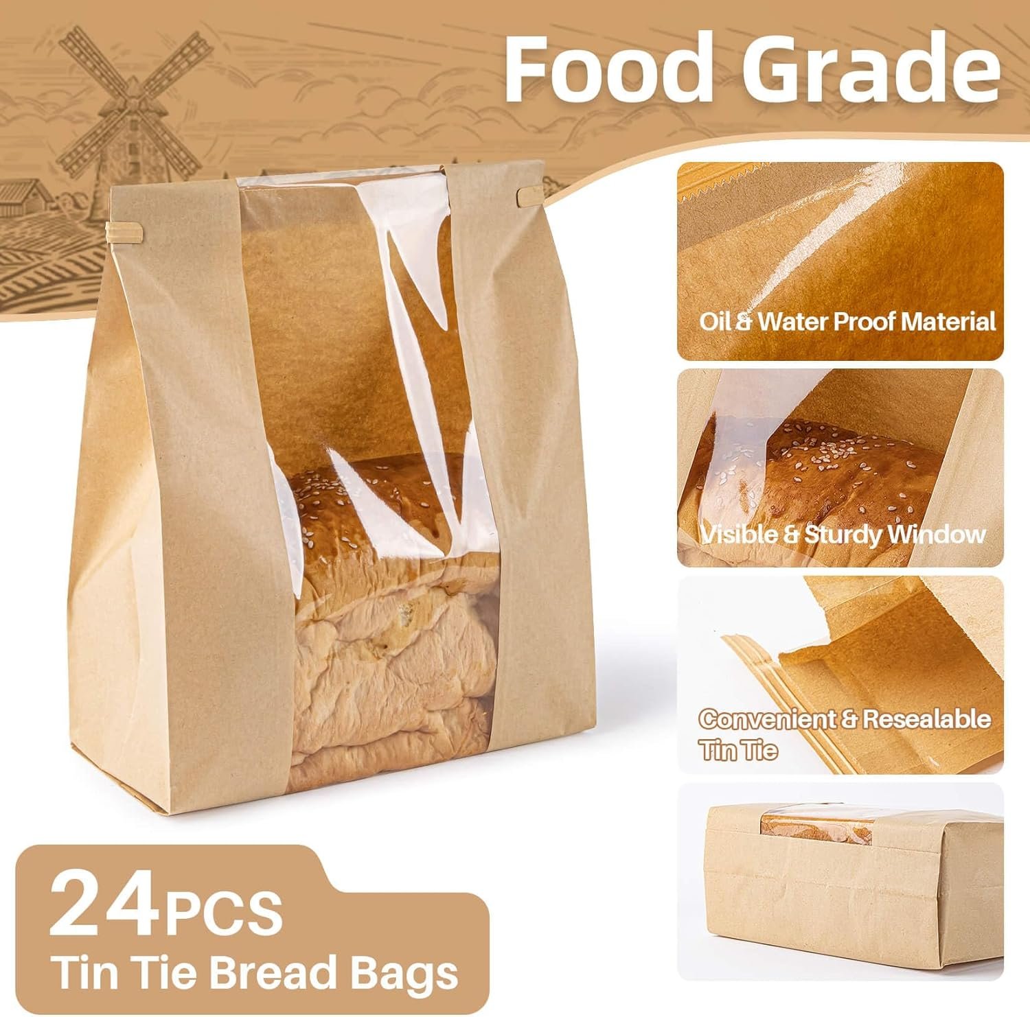 Wholesale 24 Brown Paper Bread Bags with Reusable Resealable Ties Window Design for Sourdough Bagel Loaf Toast Storage Bakery Goods Disposable Packaging Factory