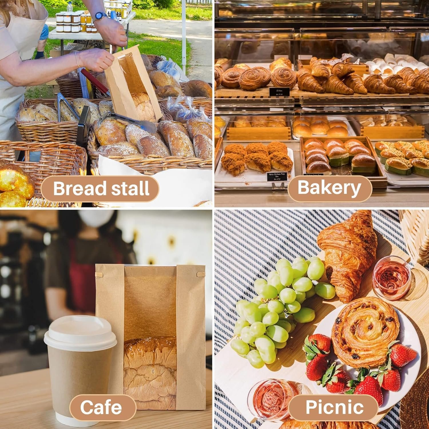 Wholesale 24 Brown Paper Bread Bags with Reusable Resealable Ties Window Design for Sourdough Bagel Loaf Toast Storage Bakery Goods Disposable Packaging Factory