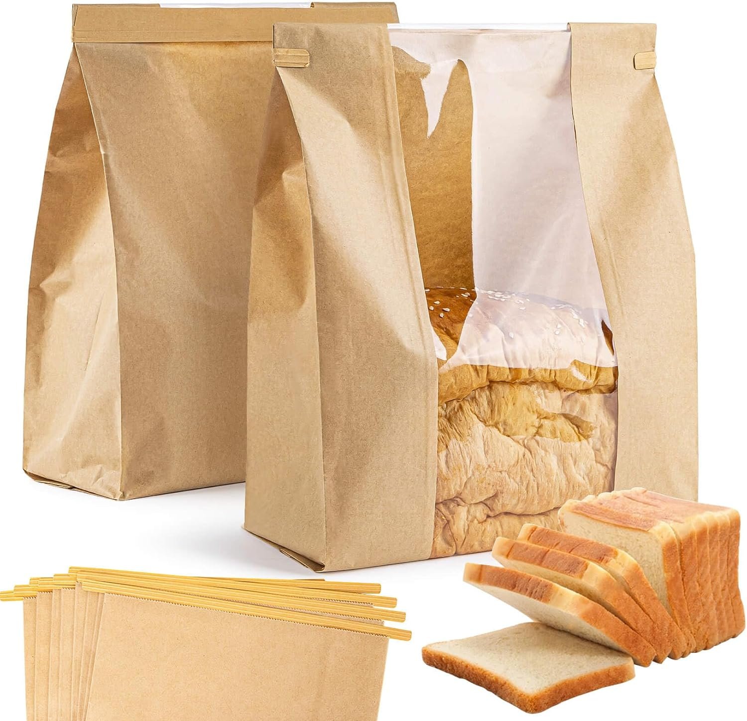 MAQIHAN 24 Bread Bags with Reusable Ties - Homemade Sourdough Bread Storage Bags Brown Paper Bagel Loaf Bakery Bags with Window Toast Bags with Resealable Ties Disposable Baked Goods Sale Packaging