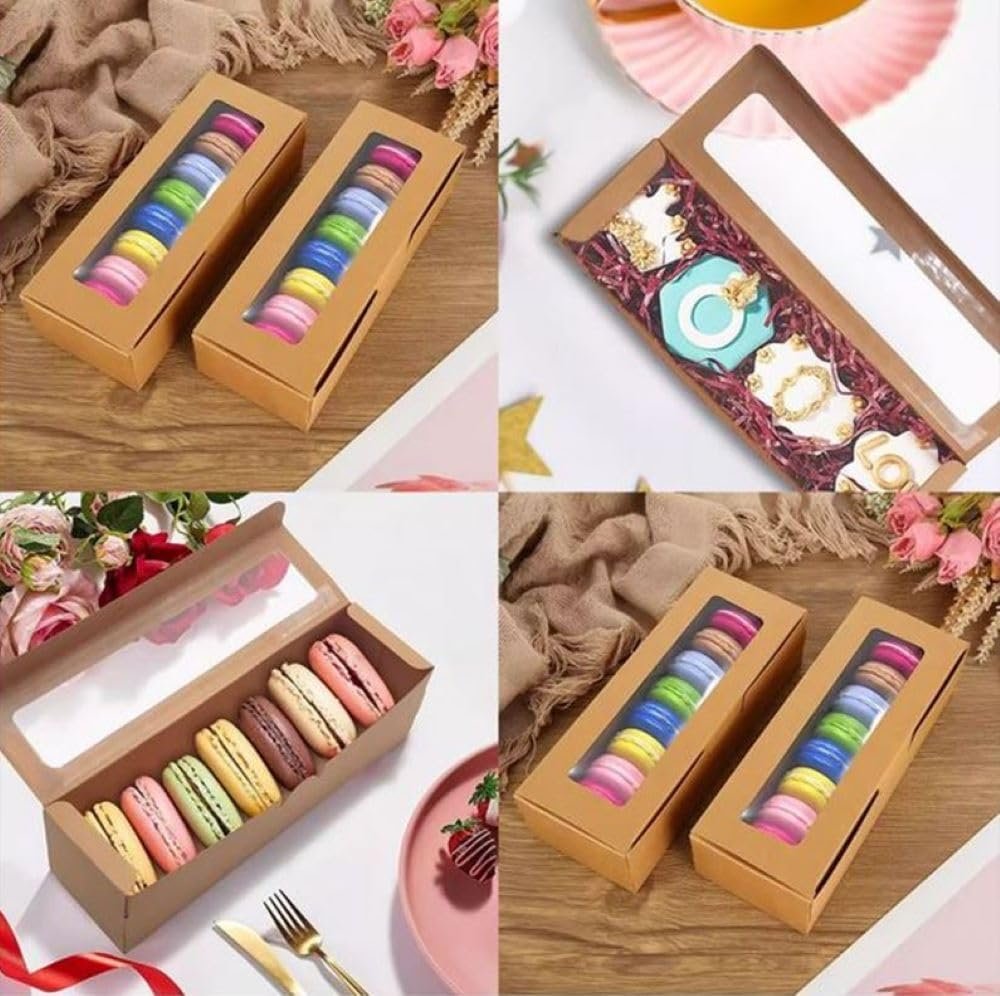 Wholesale 50-Pack Brown Kraft Macaron Boxes with Clear Window for 5-7 Macarons Cookies Chocolates Candies Desserts Factory