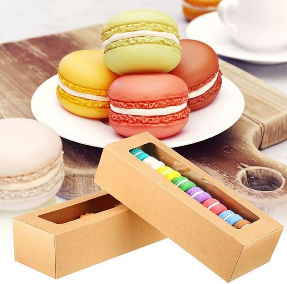 Wholesale 50-Pack Brown Kraft Macaron Boxes with Clear Window for 5-7 Macarons Cookies Chocolates Candies Desserts Factory