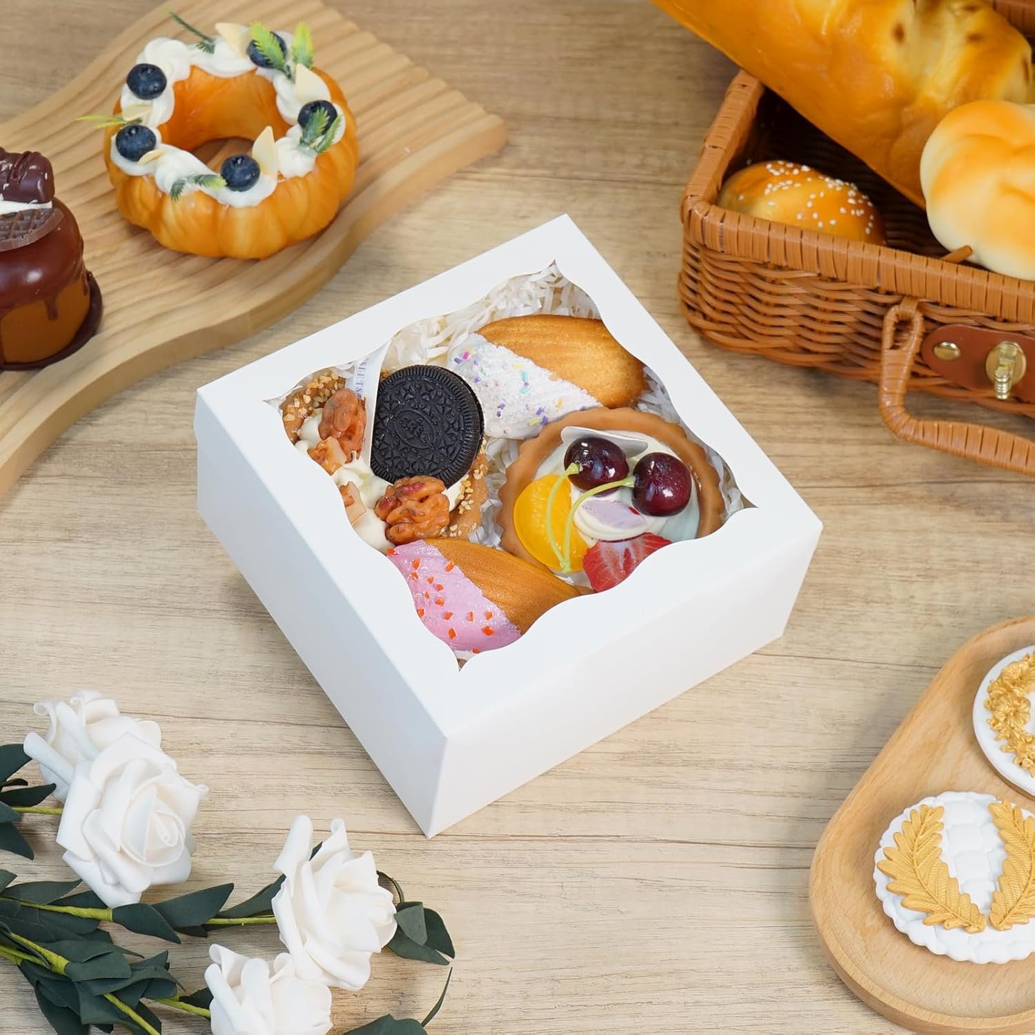 Wholesale 50 Pack 6x6x3 Inch White Bakery Cookie Boxes with Window for Macarons Mini Cakes Pastries Chocolate Covered Strawberries Factory